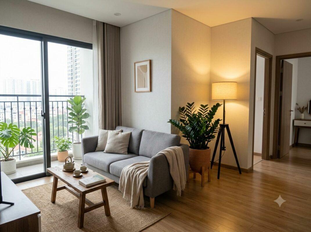 Một góc phòng khách chung cư hiện đại, ấm cúng và tràn đầy sinh khí. Cung Tài Lộc được kích hoạt tinh tế bằng ánh sáng vàng và cây xanh khỏe mạnh, đối diện với ban công đón nắng.