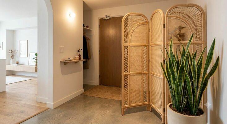 Bình phong gỗ và cây xanh hóa giải lỗi xuyên tâm sát cửa chính chung cư