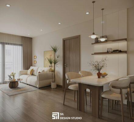 Căn hộ chung cư 2 phòng ngủ hoàn thiện nội thất thực tế, góc chụp rộng bao quát phòng khách liền bếp hiện đại, ánh sáng ấm áp.