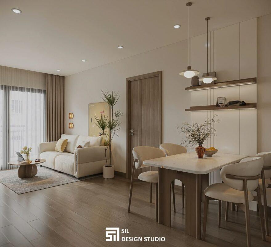 Căn hộ chung cư 2 phòng ngủ hoàn thiện nội thất thực tế, góc chụp rộng bao quát phòng khách liền bếp hiện đại, ánh sáng ấm áp.