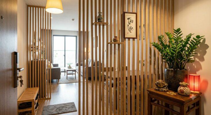 Giải pháp cho căn hộ nhỏ bị "đối cửa": Sử dụng vách ngăn thoáng nhẹ hoặc bình phong nghệ thuật để phân chia không gian và giữ năng lượng Tài Lộc không bị thoát ra ngoài.